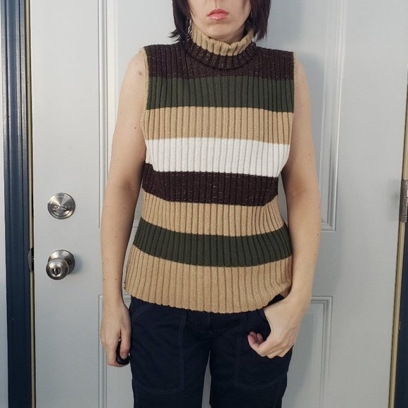 Y2K Brown‎ and Green Striped Sleeveless Turtleneck Sweater - Picture 1 of 4